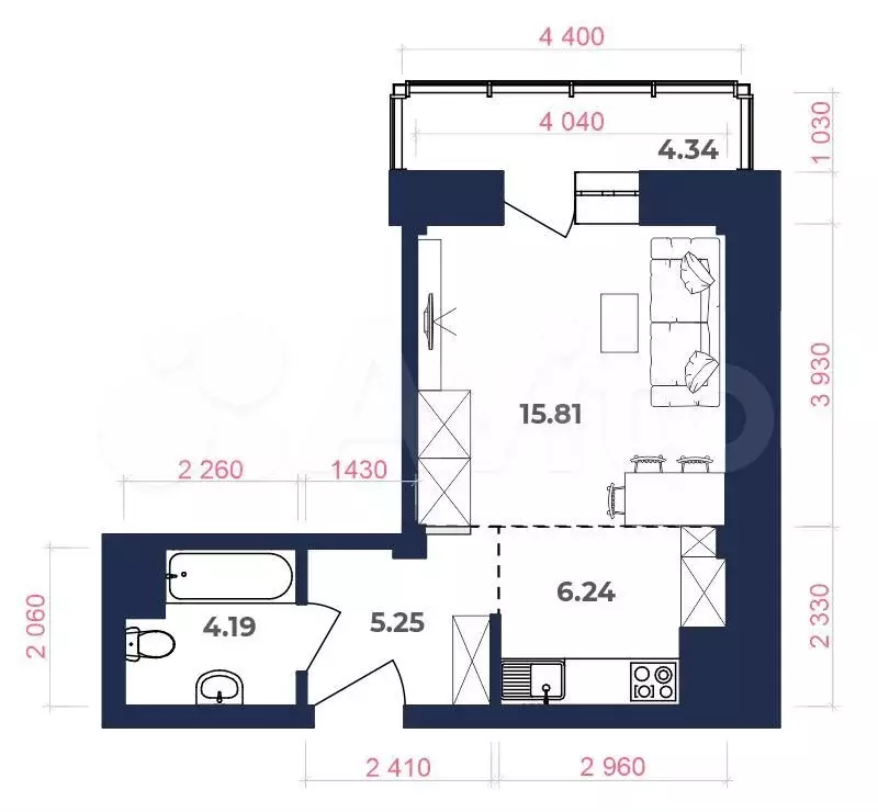 Квартира-студия, 36,1м, 8/9эт. - Фото 1