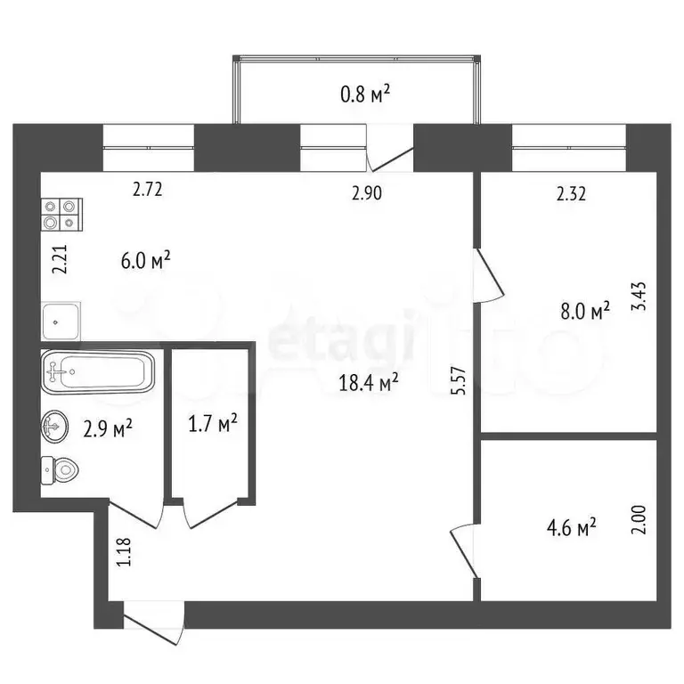 2-к. квартира, 42,2 м, 4/5 эт. - Фото 1