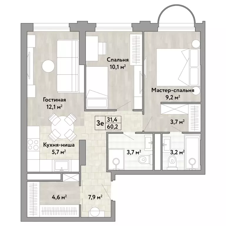 2-к квартира, 60.2 м - Фото 0