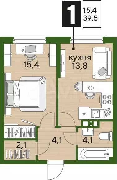 1-к. квартира, 39,5 м, 9/16 эт. - Фото 0