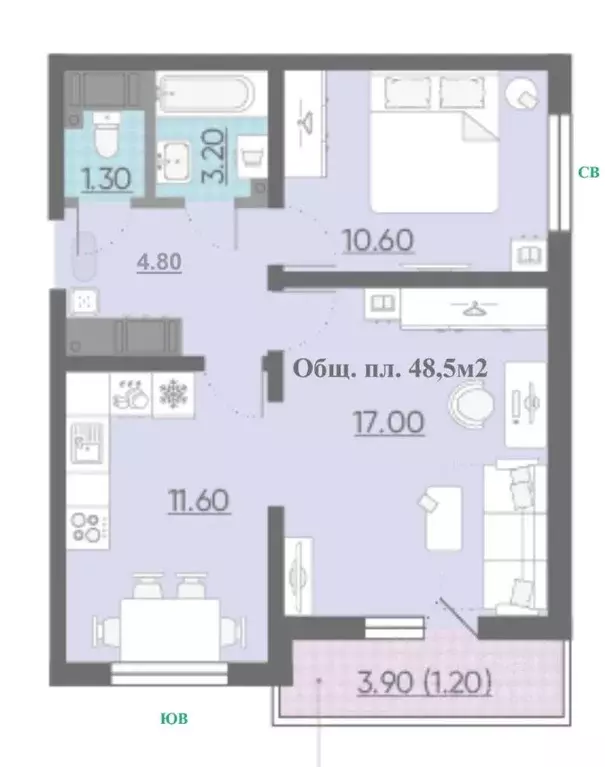 2-к кв. Санкт-Петербург наб. Реки Каменки, 21к1 (48.5 м) - Фото 2