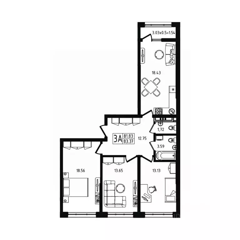 3-к кв. Адыгея, Майкоп ул. К.А. Васильева, 1к4 (83.37 м) - Фото 1