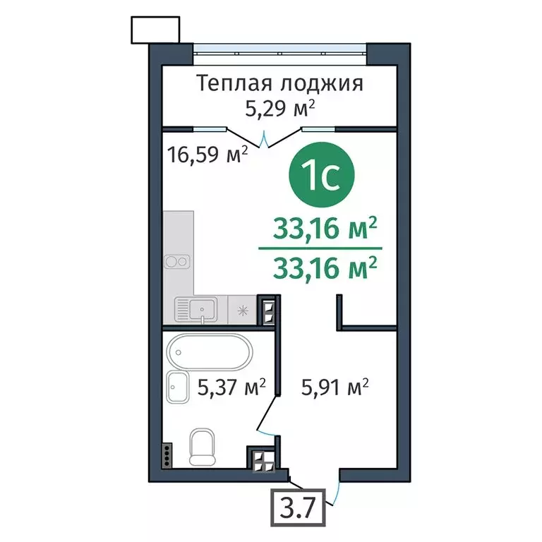 Квартира-студия: Тюмень, Краснооктябрьская улица, 12 (33.16 м) - Фото 1