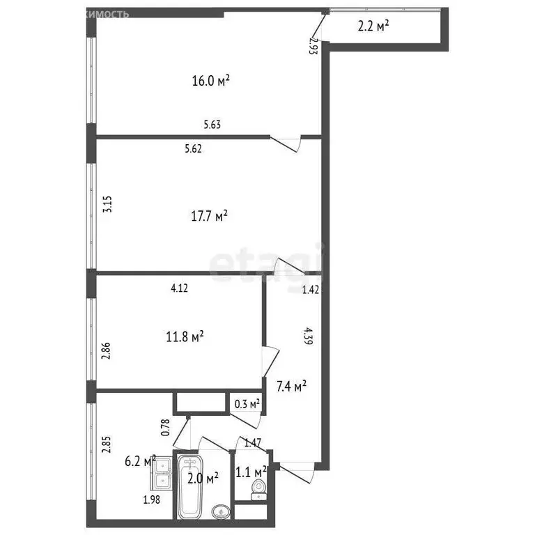 3-комнатная квартира: Санкт-Петербург, проспект Ветеранов, 1к1 (62.5 ... - Фото 1