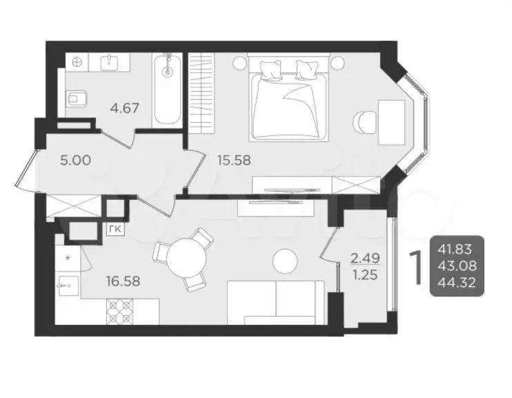 1-к. квартира, 44,3 м, 2/9 эт. - Фото 1