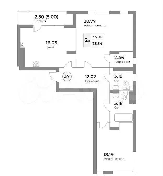 2-к. квартира, 75,3 м, 2/7 эт. - Фото 1