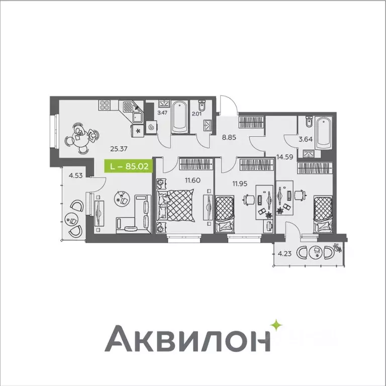 3-к кв. Архангельская область, Архангельск ул. Валявкина, 38 (85.02 м) - Фото 1