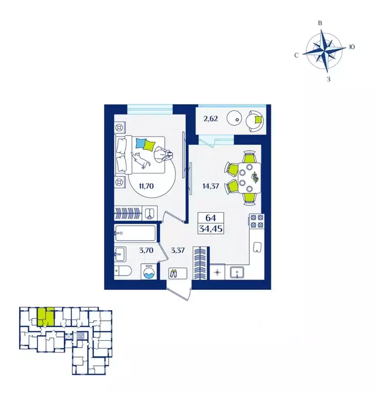 1-к кв. Калининградская область, Зеленоградск  (34.45 м) - Фото 1
