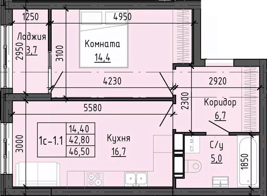 1-к кв. Ставропольский край, Ставрополь № 23 мкр,  (46.49 м) - Фото 2