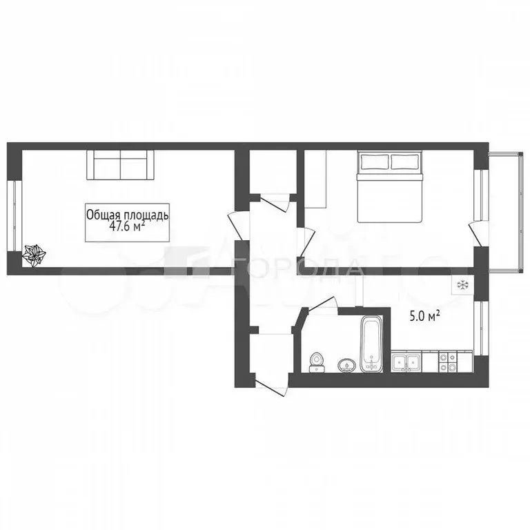 2-к. квартира, 47,6 м, 4/5 эт. - Фото 0