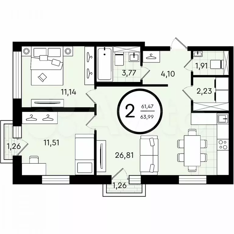 2-к. квартира, 64 м, 2/4 эт. - Фото 0