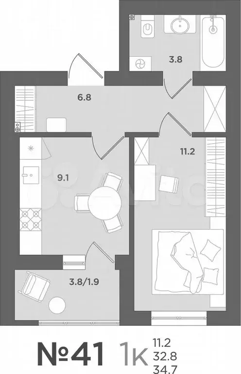 1-к. квартира, 32,8 м, 6/7 эт. - Фото 0