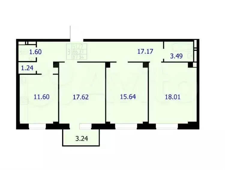3-к. квартира, 87,3 м, 7/9 эт. - Фото 0