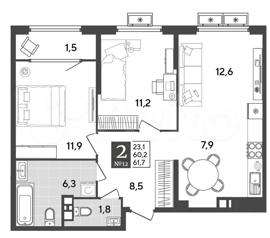 2-к. квартира, 61,7 м, 3/9 эт. - Фото 0