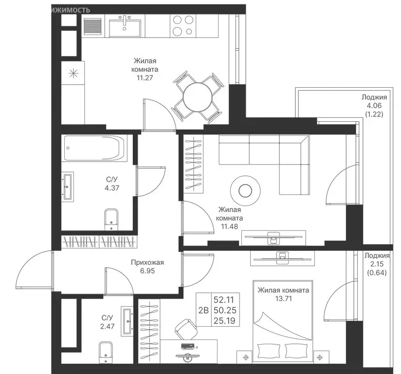 2-комнатная квартира: Казань, ЖК Мой Ритм, ПК14 (52.11 м) - Фото 0