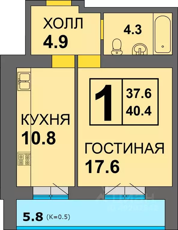 1-к кв. Калининградская область, Калининград ул. Старшины Дадаева, 71 ... - Фото 0