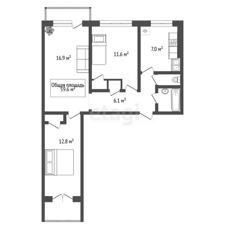 3-к кв. Новосибирская область, Новосибирск ул. Петухова, 122/1 (59.6 ... - Фото 2