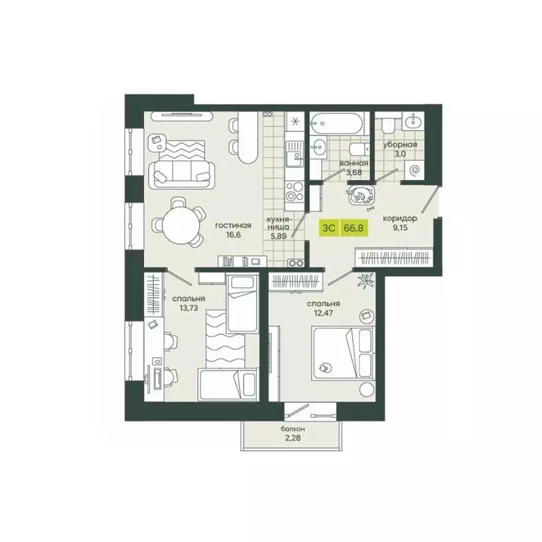 3-к кв. Новосибирская область, Новосибирск Гринвилл жилой комплекс ... - Фото 1