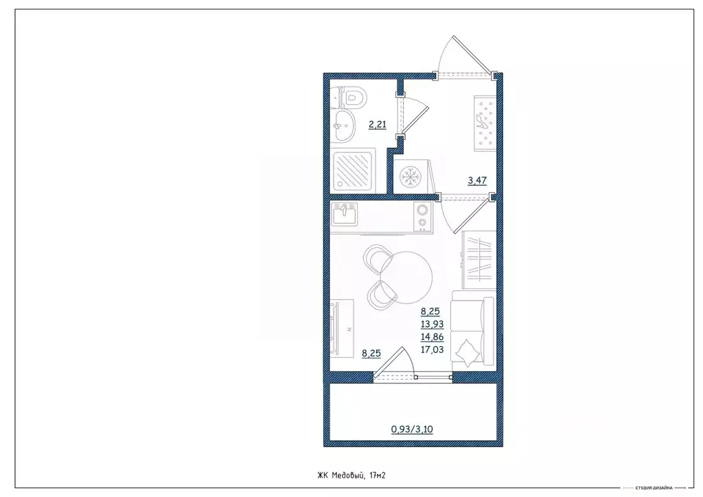 Студия Тверская область, Тверь ул. Медовая, 9к4 (17.0 м) - Фото 2