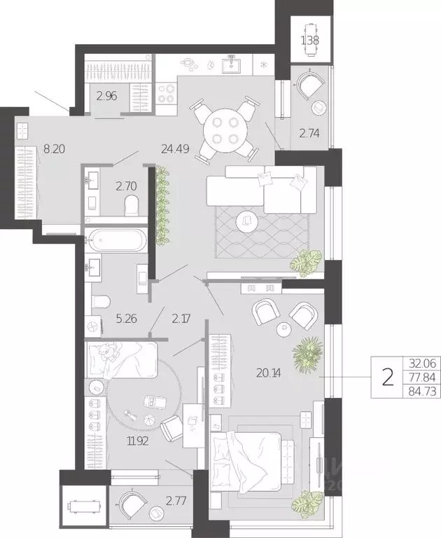 2-к кв. Тульская область, Тула ул. Фридриха Энгельса, 74 (84.73 м) - Фото 2