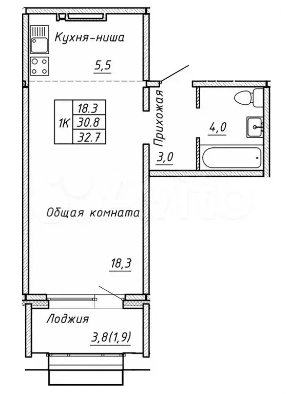 Квартира-студия, 32,7 м, 7/15 эт. - Фото 0