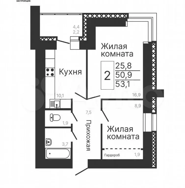 2-к. квартира, 53,1 м, 2/9 эт. - Фото 0