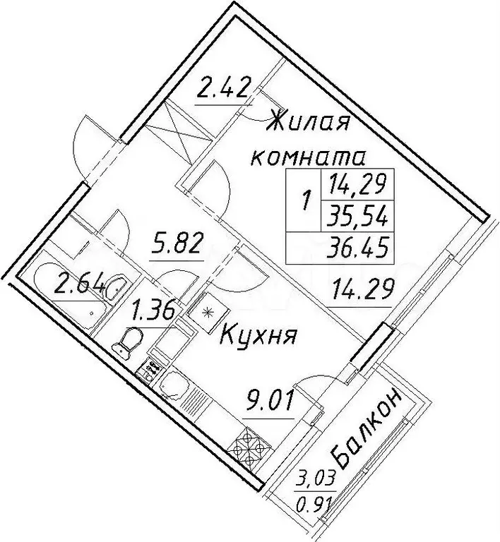 1-к. квартира, 35,6 м, 4/12 эт. - Фото 0