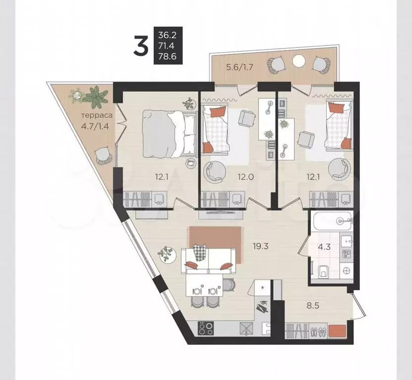 3-к. квартира, 71,4 м, 2/4 эт. - Фото 1