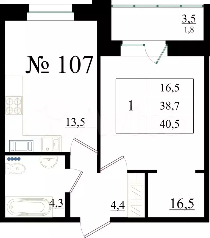 1-к. квартира, 40,5 м, 5/8 эт. - Фото 0