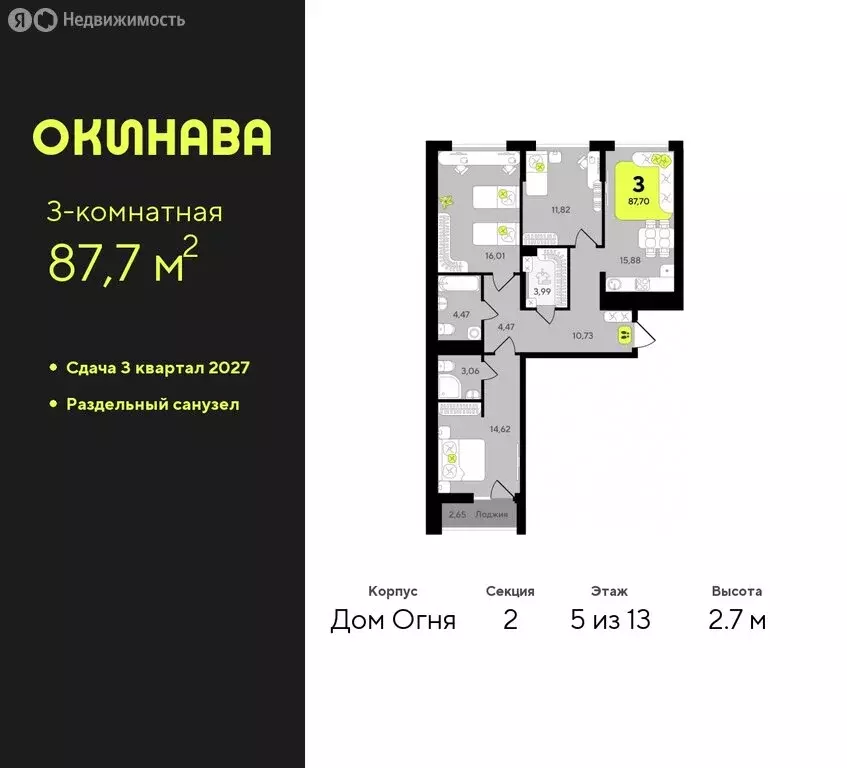 3-комнатная квартира: Тюмень, жилой комплекс Окинава (87.7 м) - Фото 0