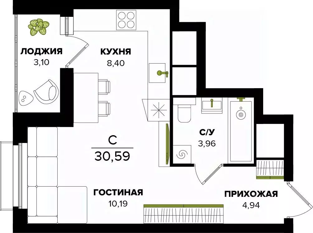 Студия Тульская область, Тула  (30.59 м) - Фото 0