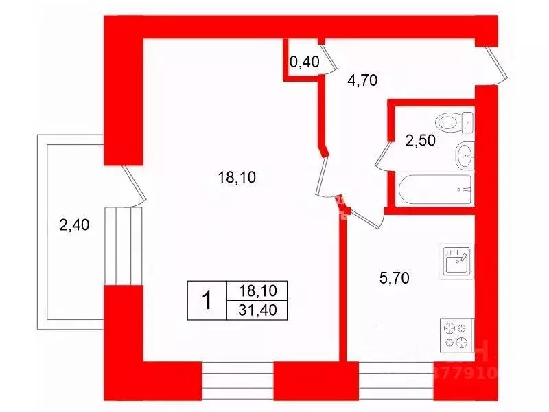 Квартира, 1 комната, 31.4 м - Фото 1