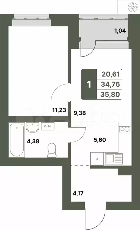 1-к. квартира, 35,8 м, 3/6 эт. - Фото 0