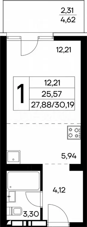 1-к. квартира, 30,7 м, 4/16 эт. - Фото 0