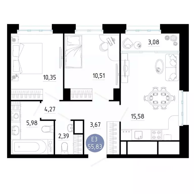 2-к кв. Рязанская область, Рязань ул. Ленинского Комсомола (55.83 м) - Фото 1