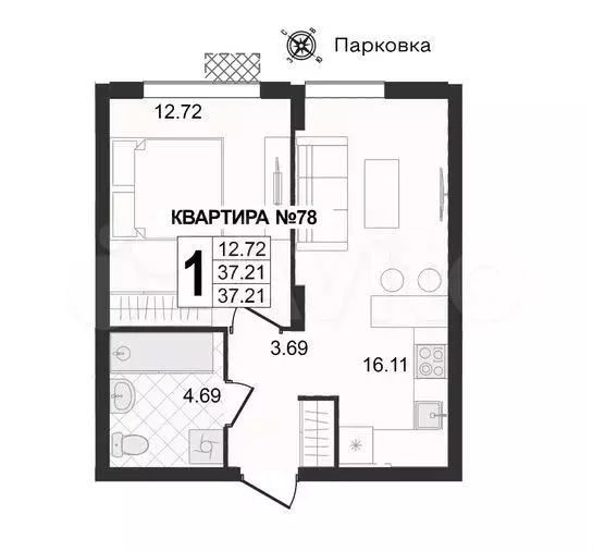 1-к. квартира, 37,2 м, 2/8 эт. - Фото 1