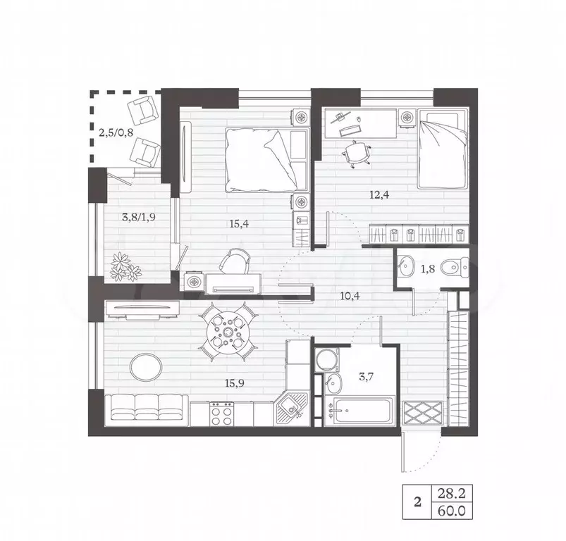 2-к. квартира, 60 м, 6/8 эт. - Фото 0