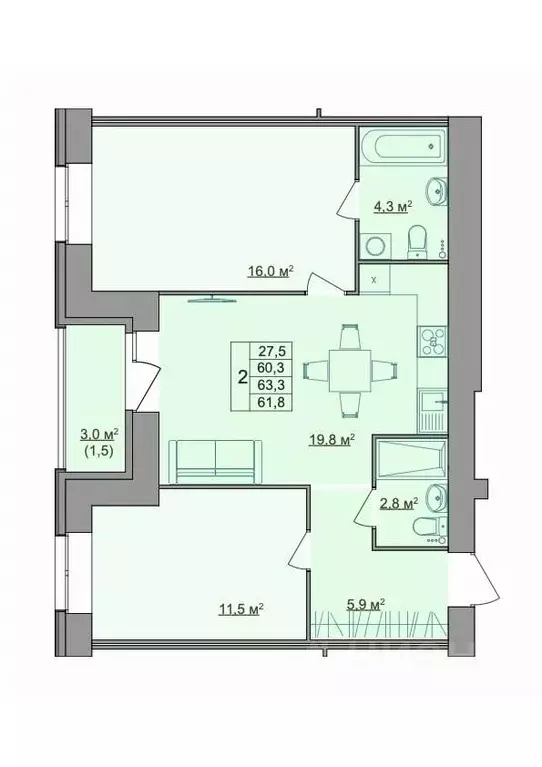 2-к кв. Костромская область, Кострома Магистральная ул., 49А (61.8 м) - Фото 1