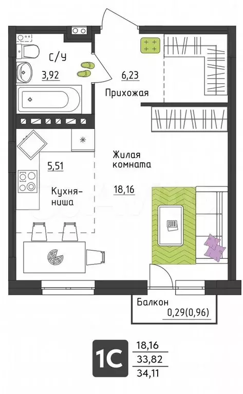 Квартира-студия, 34,1 м, 1/4 эт. - Фото 0