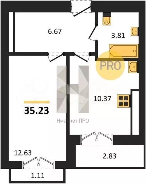 1-к. квартира, 35,2 м, 9/9 эт. - Фото 1