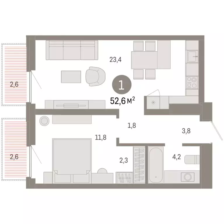 1-комнатная квартира: Тюмень, Мысовская улица, 26к2 (52.62 м) - Фото 1