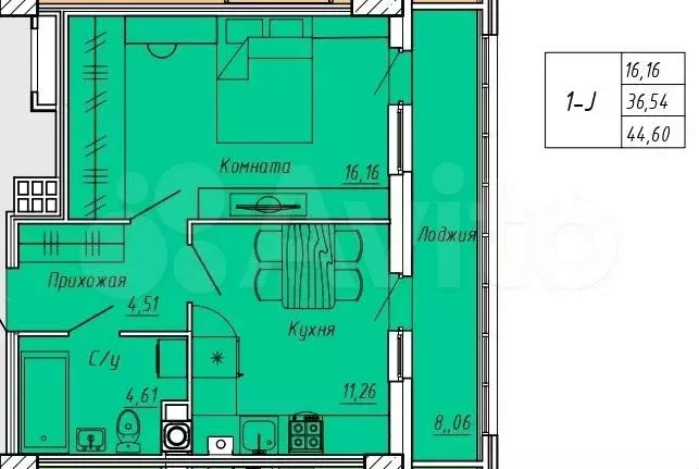 1-к. квартира, 44,6 м, 1/9 эт. - Фото 0
