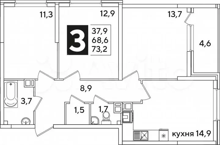 3-к. квартира, 73,2м, 7/16эт. - Фото 1