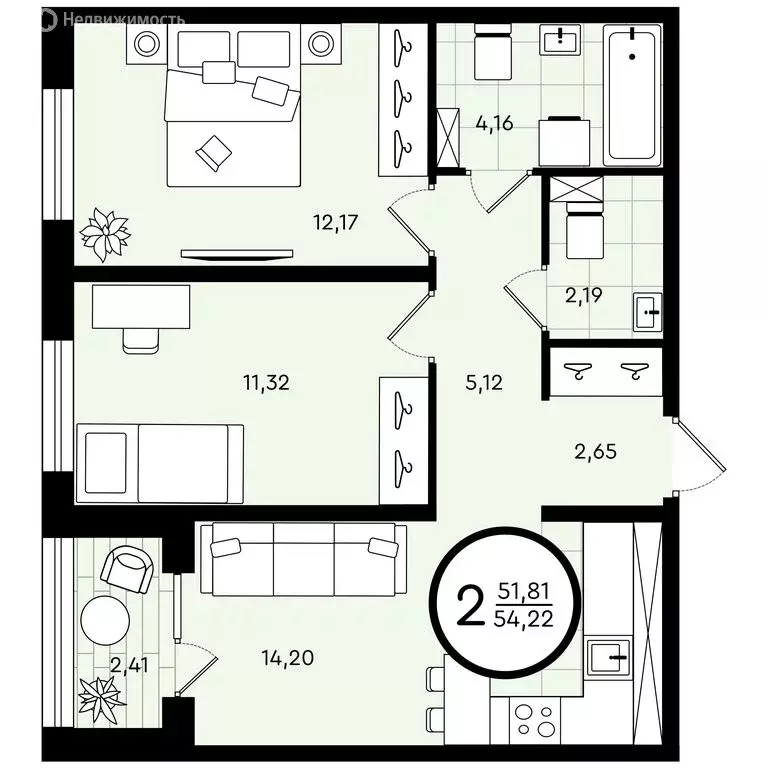 2-комнатная квартира: Тюмень, улица Александра Звягина, 5 (54.22 м) - Фото 0