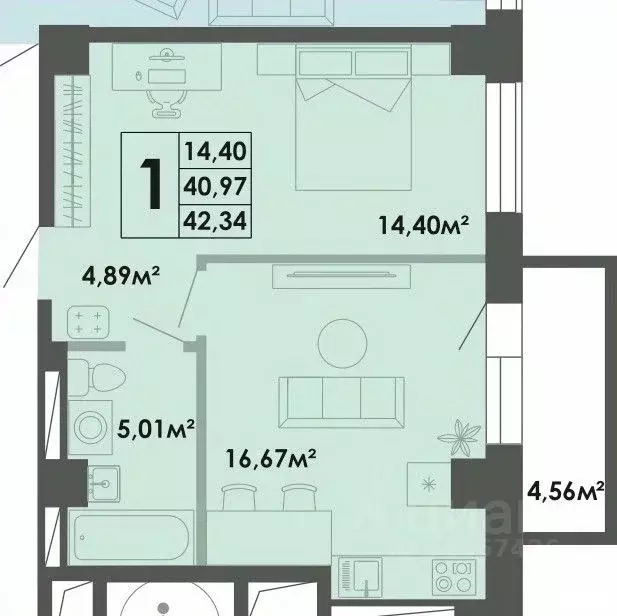 1-к кв. Саха (Якутия), Якутск 53-й кв-л,  (42.96 м) - Фото 0