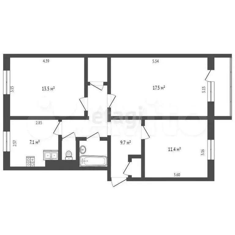 3-к. квартира, 65,9 м, 4/5 эт. - Фото 0