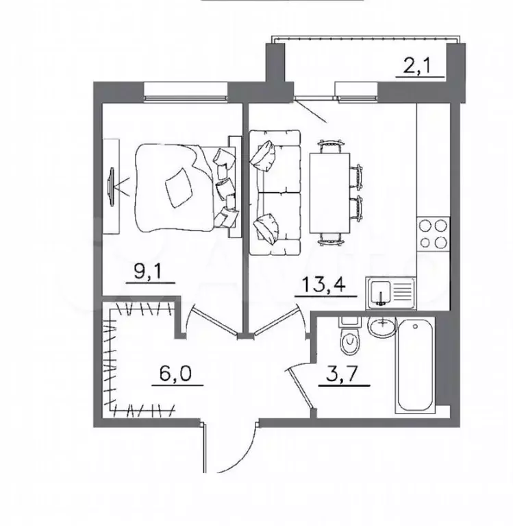1-к. квартира, 35 м, 2/9 эт. - Фото 0