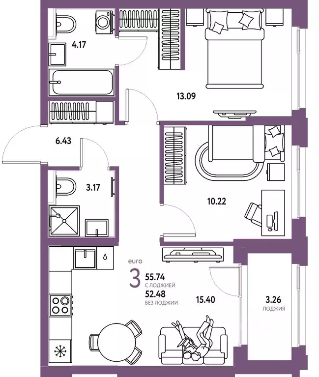 3-к кв. Тюменская область, Тюмень ул. 50 лет Октября, 61к1 (55.74 м) - Фото 1