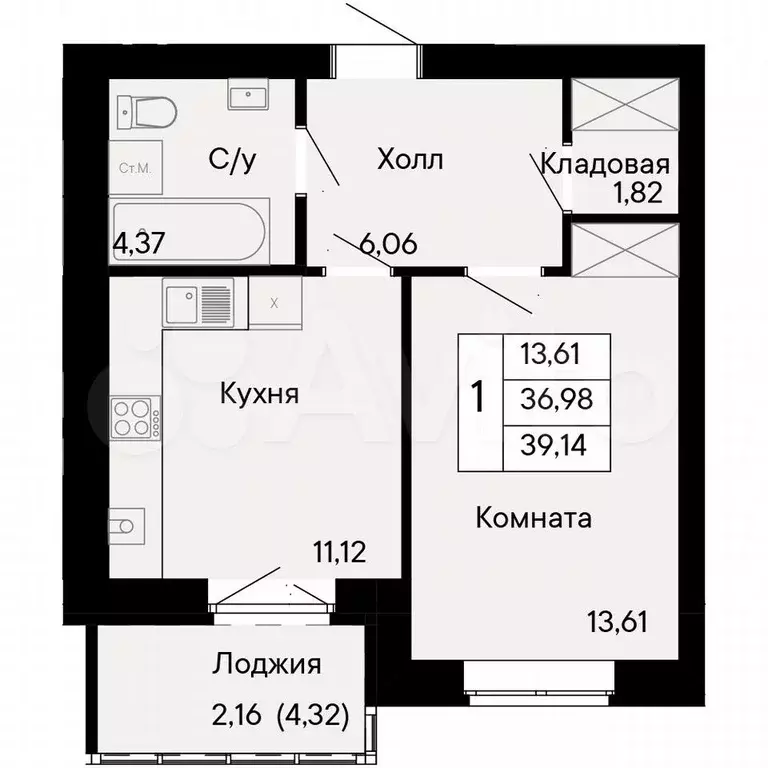 1-к. квартира, 39,1 м, 8/8 эт. - Фото 0