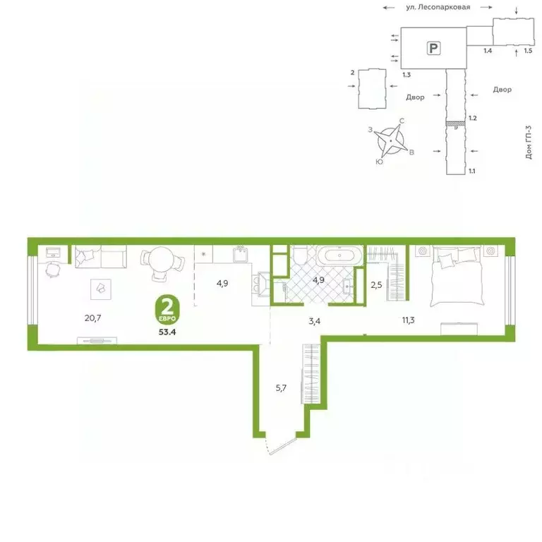 1-к кв. Тюменская область, Тюмень ул. Лесопарковая, 22 (53.4 м) - Фото 0